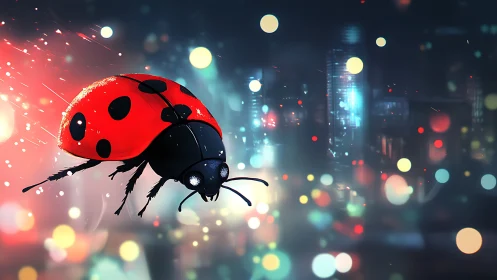 Cyberpunk ladybug glows against neon city bokeh night.