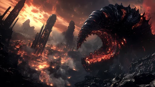 Massive segmented creature traverses burning volcanic ruins