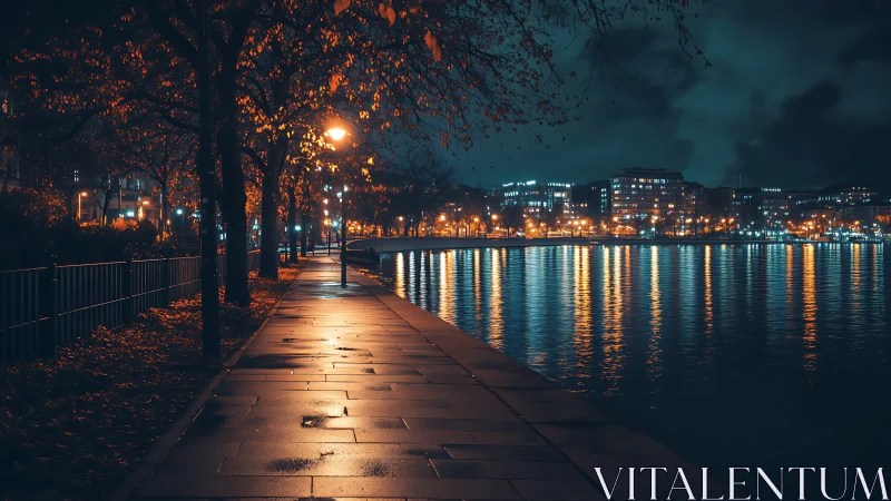 Quiet riverside promenade glowing in soft city night lights.