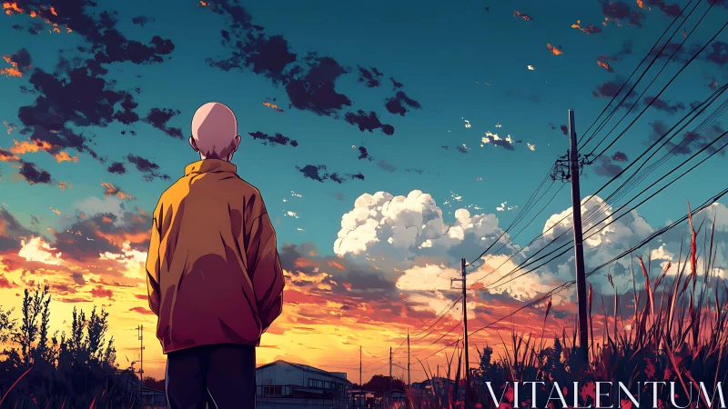 Solitary figure under vivid suburban sunset skyline