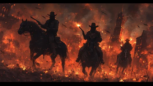 Outlaw riders charge through a burning, war-torn frontier city