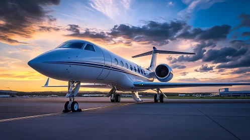 Private jet on runway at sunset under vivid clouds.