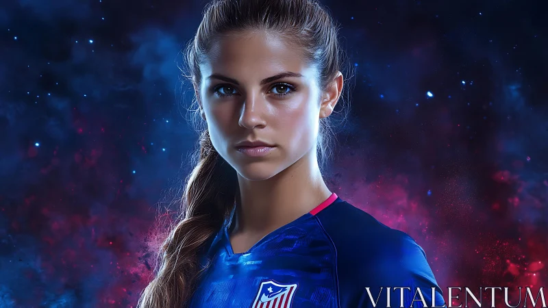 Focused soccer player portrait against cosmic nebula backdrop