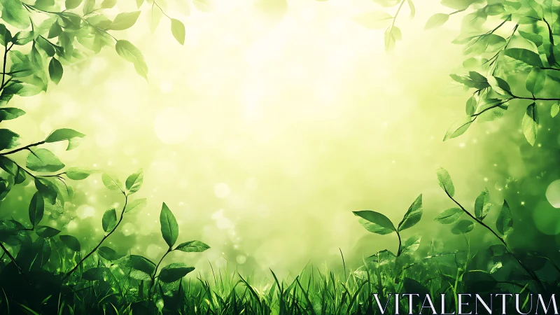 Lush green leaves and grass in a sunlit dreamy nature scene.
