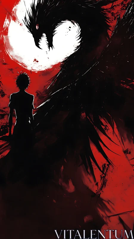 Silhouetted warrior confronts shadow dragon beneath blood moon