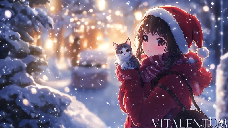 Girl holds small cat outdoors during illuminated snowfall