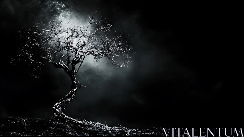 Backlit gnarled tree silhouette in high contrast nocturnal fog