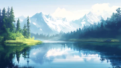 Alpine mirror lake cradling snowy peaks in morning hush.