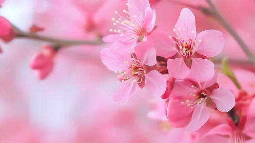 Pink cherry blossoms blooming on delicate spring branches.