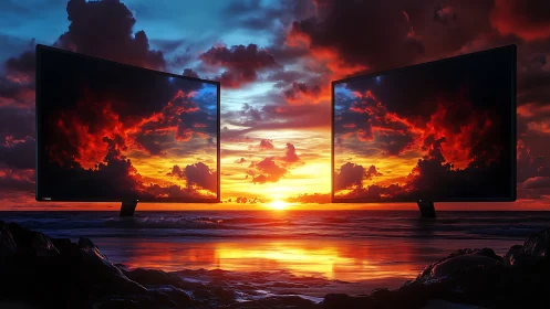Dual curved displays mirror a saturated cinematic ocean sunset