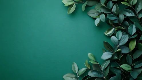 Botanical flat lay with green foliage on matte teal background