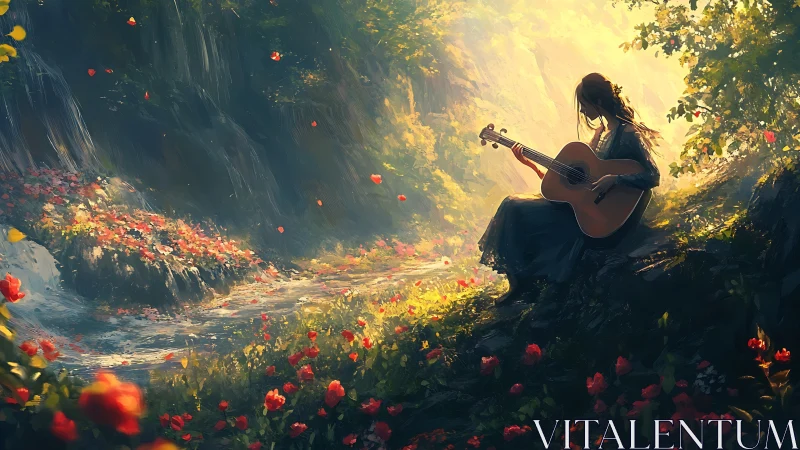 Guitar player in glowing flower forest beside stream at dusk.