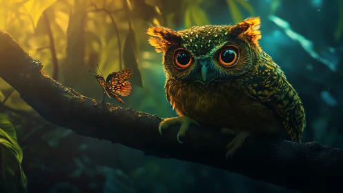 Curious owl with bright eyes and butterfly in magical forest art.