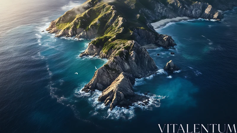 Aerial coastal landscape showing moss-covered cliffs meeting turbulent ocean