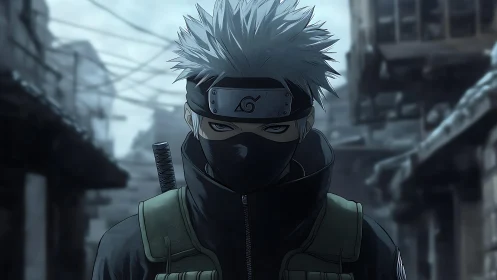 Masked silver haired ninja stands in a ruined urban street