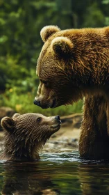 Brown bear mother and cub nuzzle in forest river shallows.