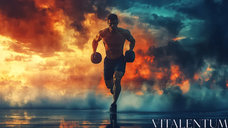 Athlete Runner with Dumbbells Against Dramatic Fiery Sky Backdrop.