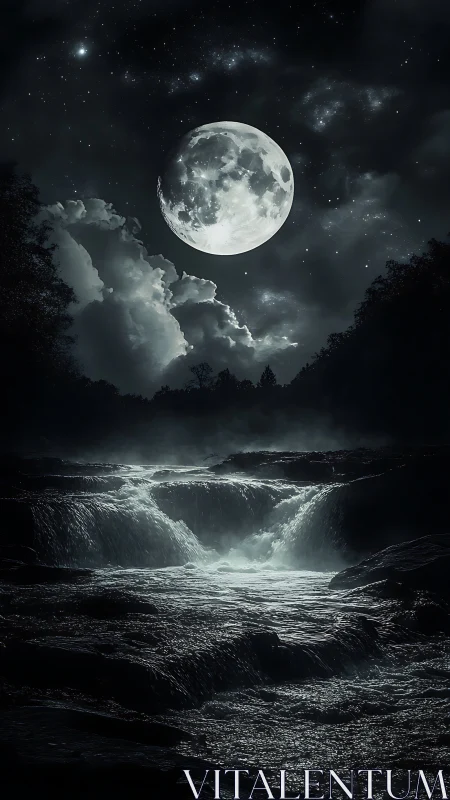 Moonlit waterfall pours beneath a vast starlit night sky.