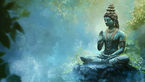Peaceful blue deity meditating beside a misty forest pool.