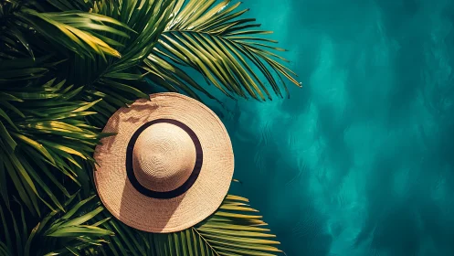 Photorealistic tropical hat and palm canopy beside pool edge.