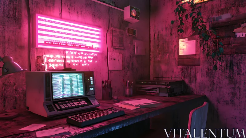 Retro workstation under neon magenta glow in distressed room.