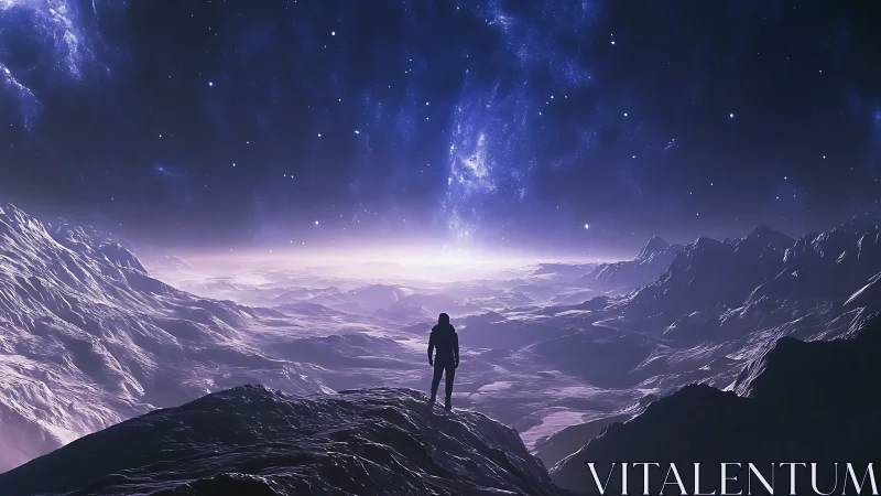 Lone explorer overlooks cosmic valley under violet sky.