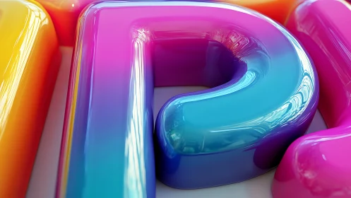 Glossy rainbow letterform glowing with playful color.