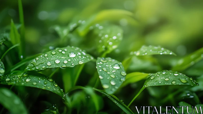 Macro study of dew-laden foliage with shallow depth of field