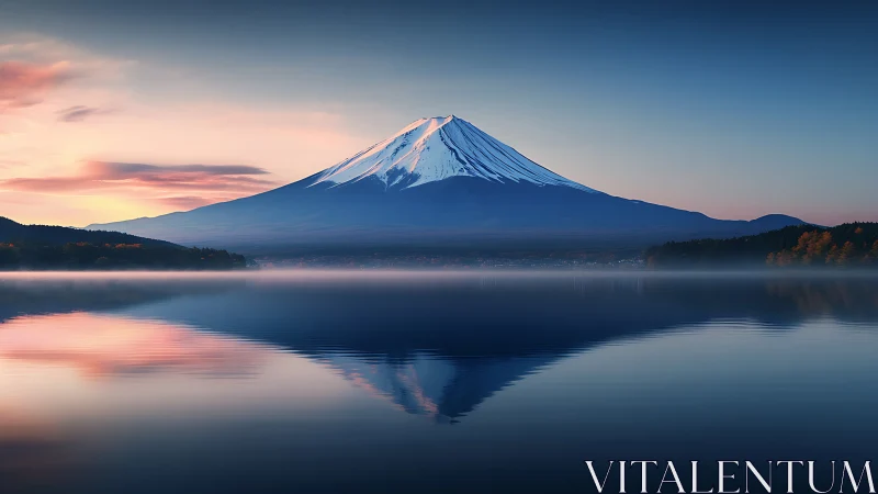 Photorealistic alpine volcano with mirrored lake symmetry.
