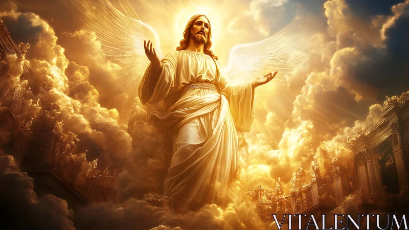 Radiant robed figure emerges from glowing clouds and light