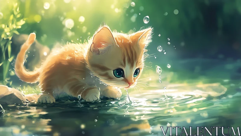 Orange Tabby Kitten Interacting With Water Droplets Through Soft-Focus Rendering