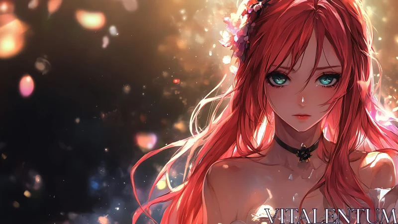 Scarlet haired anime girl glows amid drifting petals at dusk.