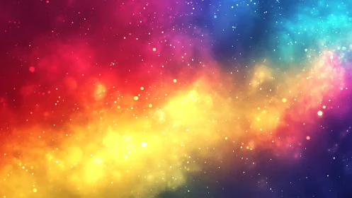 Radiant cosmic nebula glows in saturated rainbow spectrum.