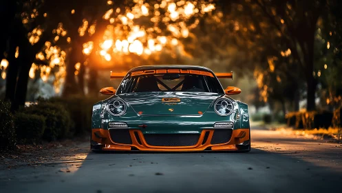 Porsche race car on tree-lined road at warm sunset.