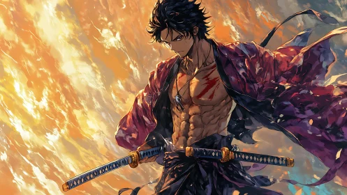 Stormlit samurai duelist with twin katanas and torn haori.