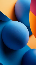 Bold blue spheres against layered orange geometric fields.