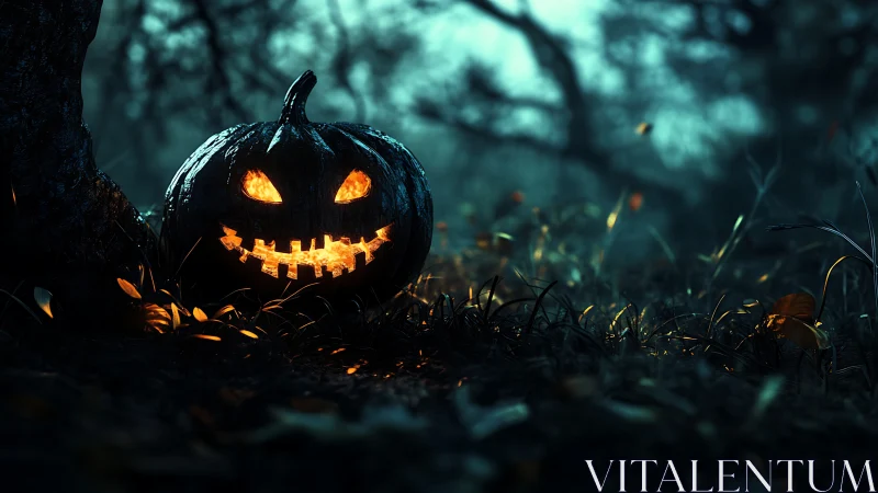 Midnight jack o lantern grinning in a misty forest glow.