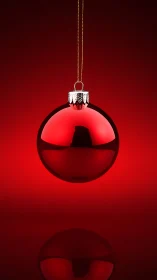 Red glass ornament hangs against uniform red gradient backdrop