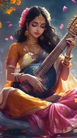 Serene sitar player in golden sari wrapped in gentle petals.