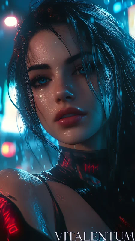 Cybernetic woman in neon city rain, close-up portrait view.