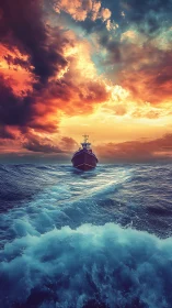 Storm-kissed ship rides glowing waves beneath fiery sky