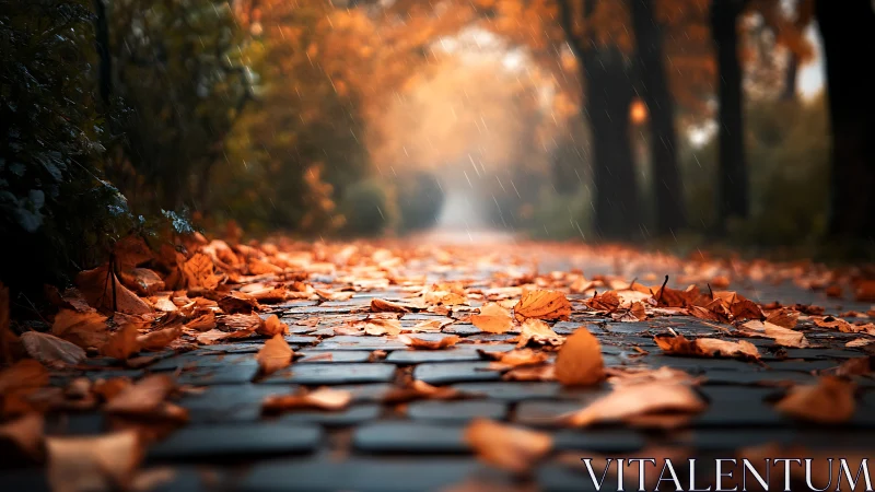 Golden autumn leaves softening a quiet cobblestone path.