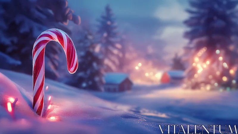 Macro candy cane in snowy twilight with festive bokeh village