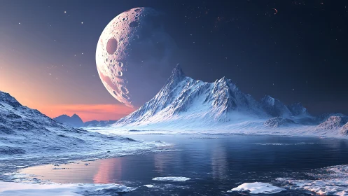 Snow-covered mountains stand below enlarged cratered moon