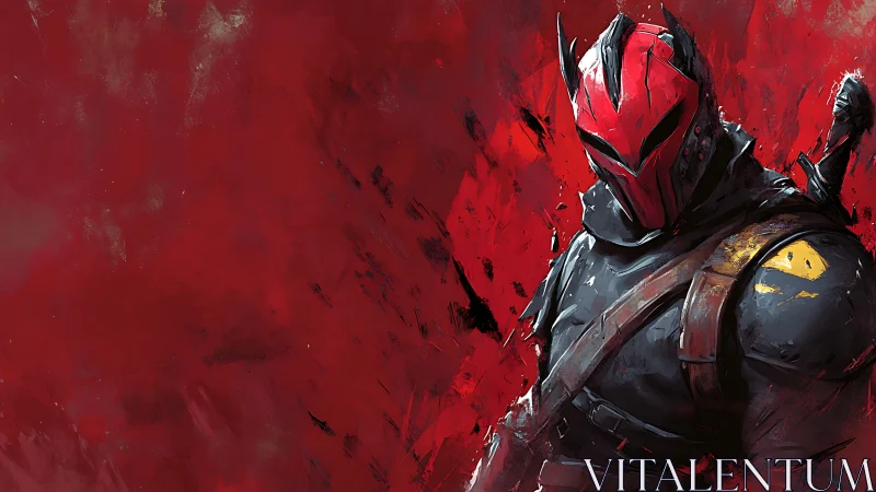 Armored red-masked warrior amid abstract crimson battlefield.