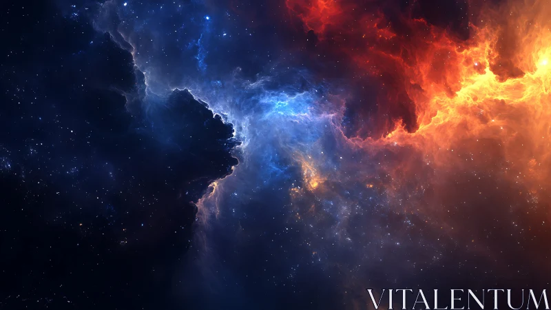 Celestial nebula clash in vivid blue, red, and gold gases.