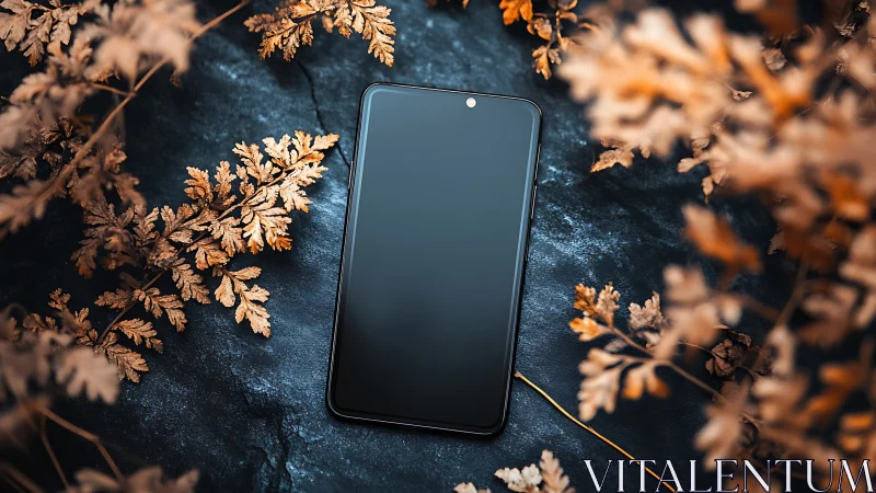Smartphone Display Surrounded by Golden Dried Botanical Foliage.