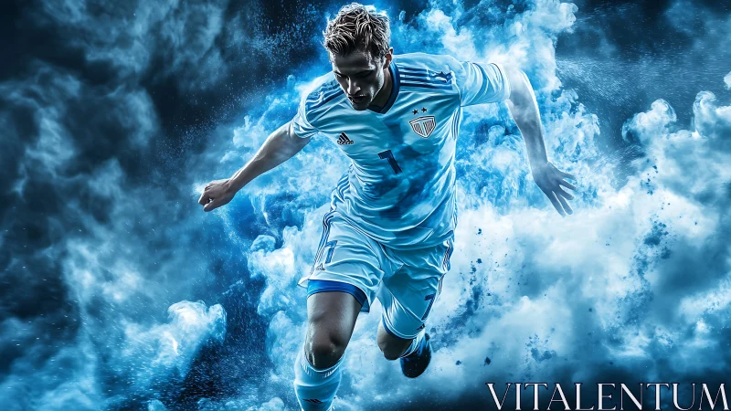 Dynamic soccer player in blue kit charging through smoke.