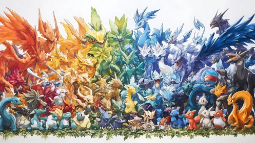 Elemental creature rainbow assembled in roaring color spectacle.