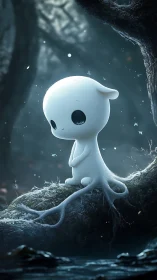 Small forest spirit with roots sitting on mossy log.